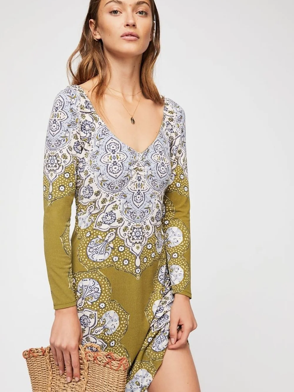 Free People Olive Green Paisley Mini Dress